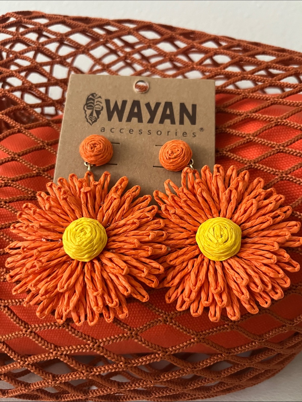 WAYAN Orange & Yellow Raffia Flower Drop Earrings